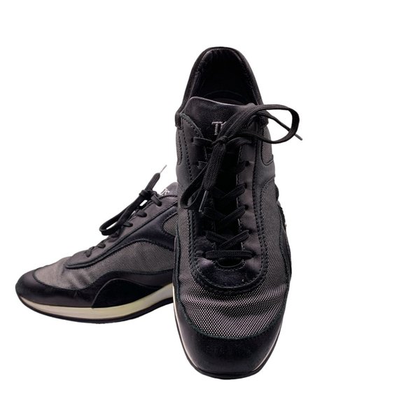 TOD'S BLACK Suede Leather White Mesh Lace-Up Heel Sneakers - Picture 5 of 11